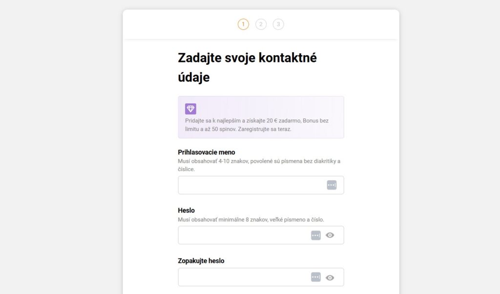 Registračný formulár online kasína s ponukou bonusu za registráciu
