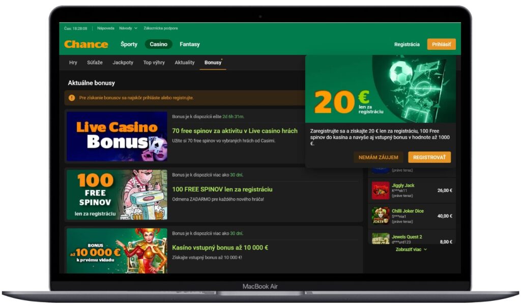 Aktuálne bonusy kasína Chance vrátane bonusov za registráciu