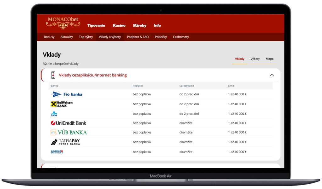 Prehľad vkladov cez internet banking v kasíne MonacoBet